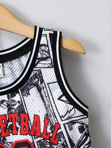 SHEIN Young Boy Black & White Letter And Cartoon Print Casual Sports Coordinating Set With Round Neck For Streetwear, Summer