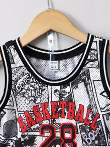 SHEIN Young Boy Black & White Letter And Cartoon Print Casual Sports Coordinating Set With Round Neck For Streetwear, Summer