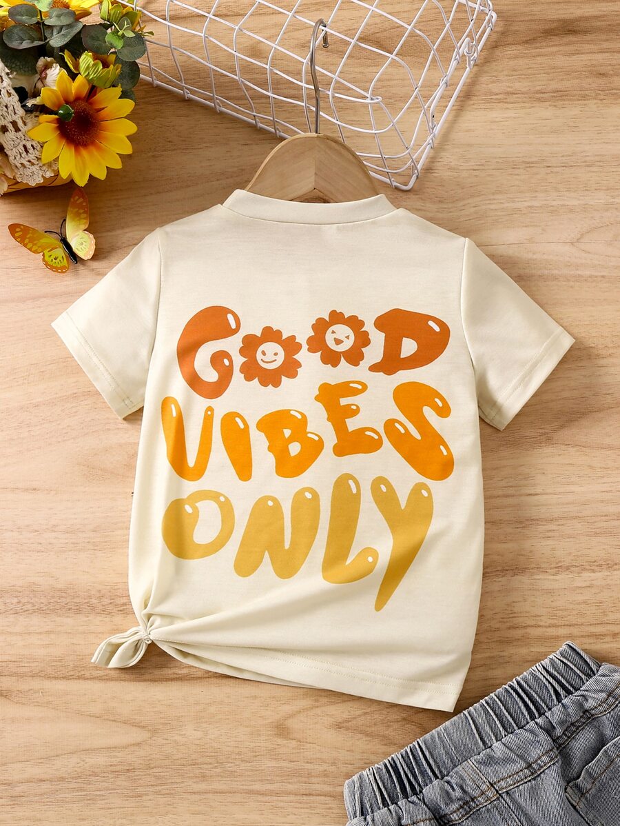 女孩夏季杏色花卉印花標語休閒圓領常規袖T恤 - 杏色 - 查看 1