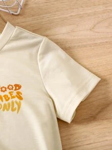 女孩夏季杏色花卉印花標語休閒圓領常規袖T恤 - 杏色 - 查看 4