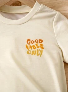 女孩夏季杏色花卉印花標語休閒圓領常規袖T恤 - 杏色 - 查看 6