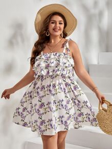 SHEIN VCAY Plus Floral Print Ruffle Trim Tie Shoulder Cami Dress - Multicolor - View 1
