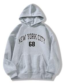 SHEIN EZwear Letter Graphic Kangaroo Pocket Drawstring Thermal Lined Hoodie - Light Grey - View 1