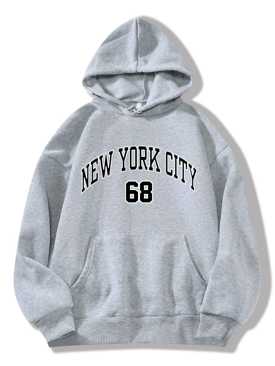 SHEIN EZwear Letter Graphic Kangaroo Pocket Drawstring Thermal Lined Hoodie - Light Grey - View 1