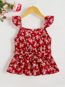 SHEIN Girls Ditsy Floral Print Ruffle Trim Belted Blouse - Red and White - View 1