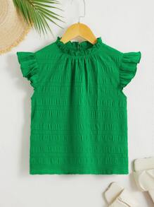 SHEIN 青少女荷葉領蝴蝶袖上衣 - 綠色 - 查看 1