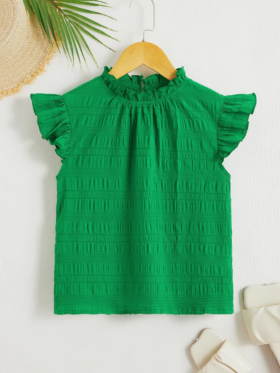 SHEIN 青少女荷葉領蝴蝶袖上衣 - 綠色 - 查看 1