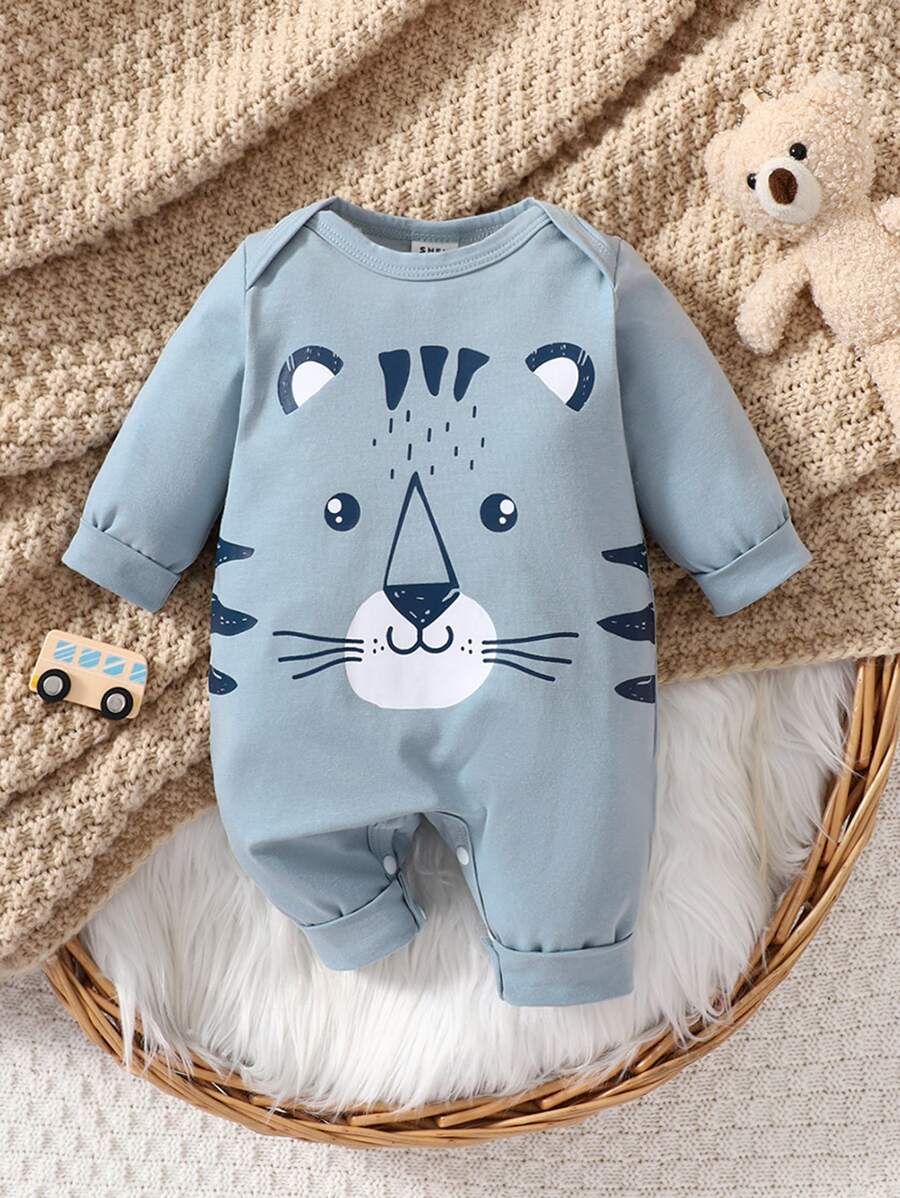 Newborn Baby Cartoon Graphic Jumpsuit - Dusty Blue - View 1