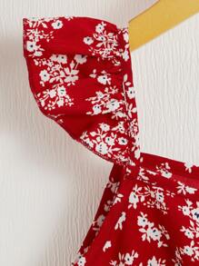 SHEIN Girls Ditsy Floral Print Ruffle Trim Belted Blouse - Red and White - View 3