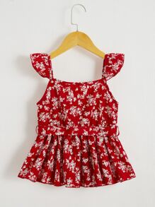 SHEIN Girls Ditsy Floral Print Ruffle Trim Belted Blouse - Red and White - View 4