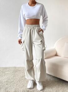 SHEIN EZwear 奶油色抽绳腰部翻盖口袋工装裤 - 杏色 - 查看 5