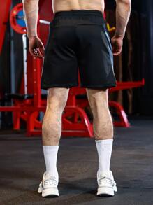 Men Letter Graphic Drawstring Waist Sports Shorts - Black - View 2