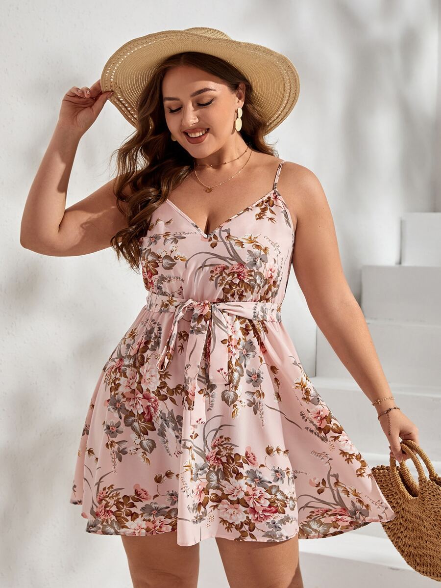 SHEIN VCAY Plus Floral Print Belted Cami Dress - Baby Pink - View 1