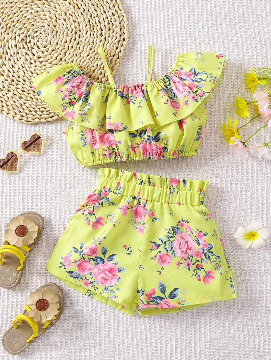 SHEIN Toddler Girls Floral Print Cold Shoulder Ruffle Trim Top & Paperbag Waist Shorts - Yellow - View 1