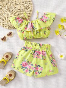 SHEIN Toddler Girls Floral Print Cold Shoulder Ruffle Trim Top & Paperbag Waist Shorts - Yellow - View 2