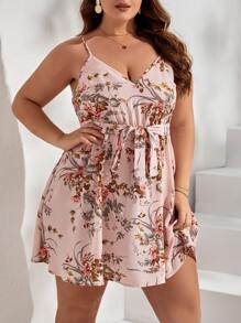 SHEIN VCAY Plus Floral Print Belted Cami Dress - Baby Pink - View 5