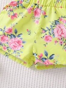 SHEIN Toddler Girls Floral Print Cold Shoulder Ruffle Trim Top & Paperbag Waist Shorts - Yellow - View 4