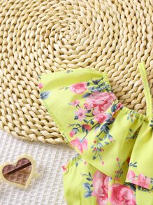SHEIN Toddler Girls Floral Print Cold Shoulder Ruffle Trim Top & Paperbag Waist Shorts - Yellow - View 5