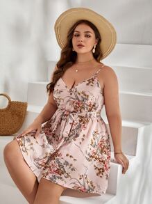 SHEIN VCAY Plus Floral Print Belted Cami Dress - Baby Pink - View 4