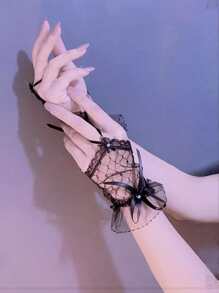 优雅蝴蝶结装饰蕾丝无指手套女巫 - 黑色 - 查看 2