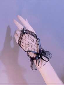 优雅蝴蝶结装饰蕾丝无指手套女巫 - 黑色 - 查看 3