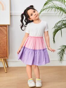 SHEIN Toddler Girls Colourblock Frill Trim Ruffle Hem Dress - Multicolor - View 1