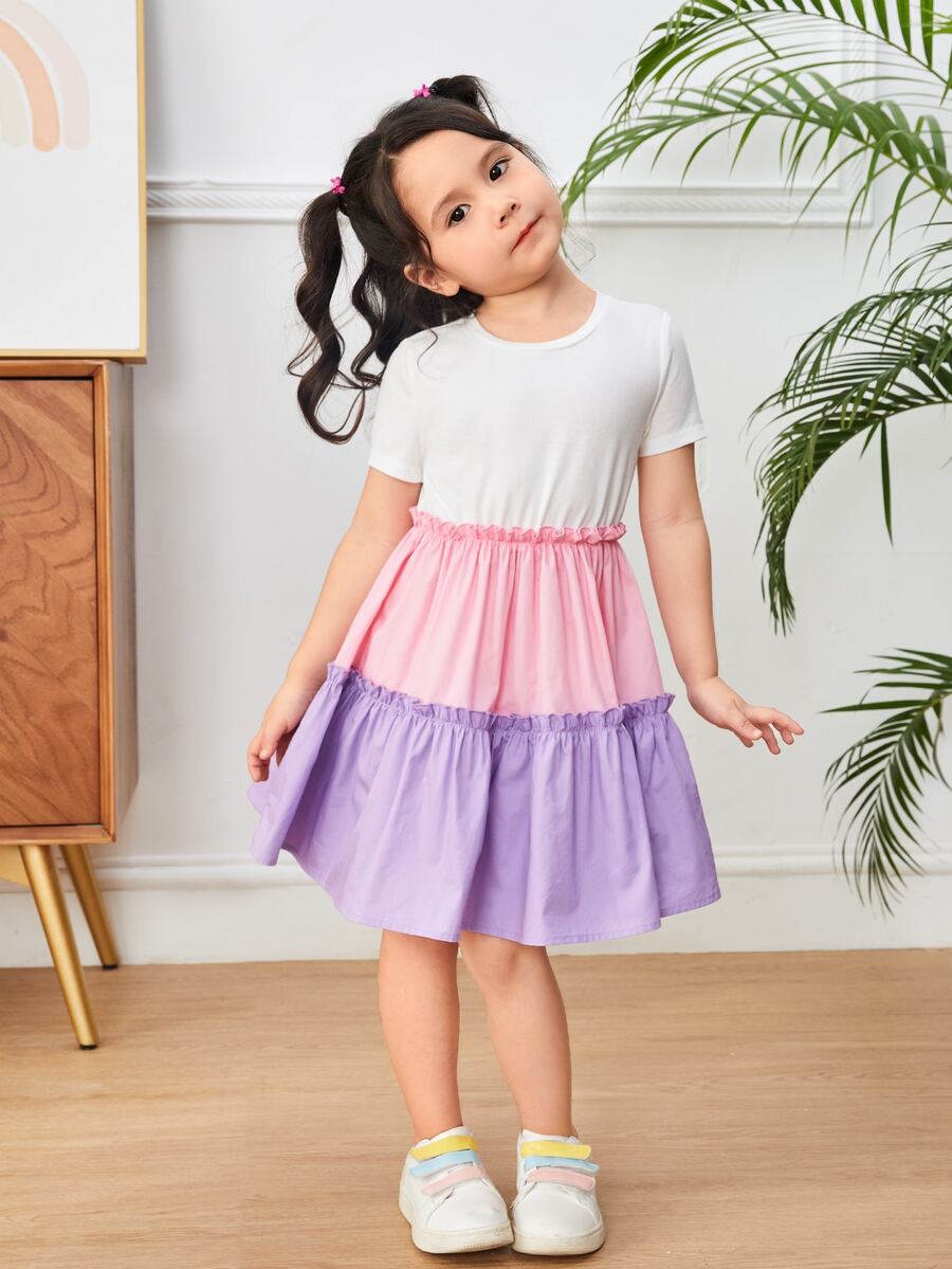 SHEIN Toddler Girls Colourblock Frill Trim Ruffle Hem Dress - Multicolor - View 1