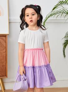 SHEIN Toddler Girls Colourblock Frill Trim Ruffle Hem Dress - Multicolor - View 4