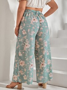 SHEIN VCAY Plus Floral Print Belted Wide Leg Trousers - Mint Green - View 2