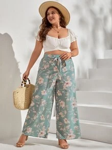 SHEIN VCAY Plus Floral Print Belted Wide Leg Trousers - Mint Green - View 3