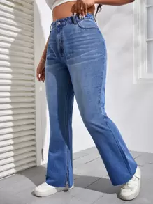 SHEIN EZwear Plus Cat Whisker Split Hem Flare Leg Jeans - Medium Wash - View 1