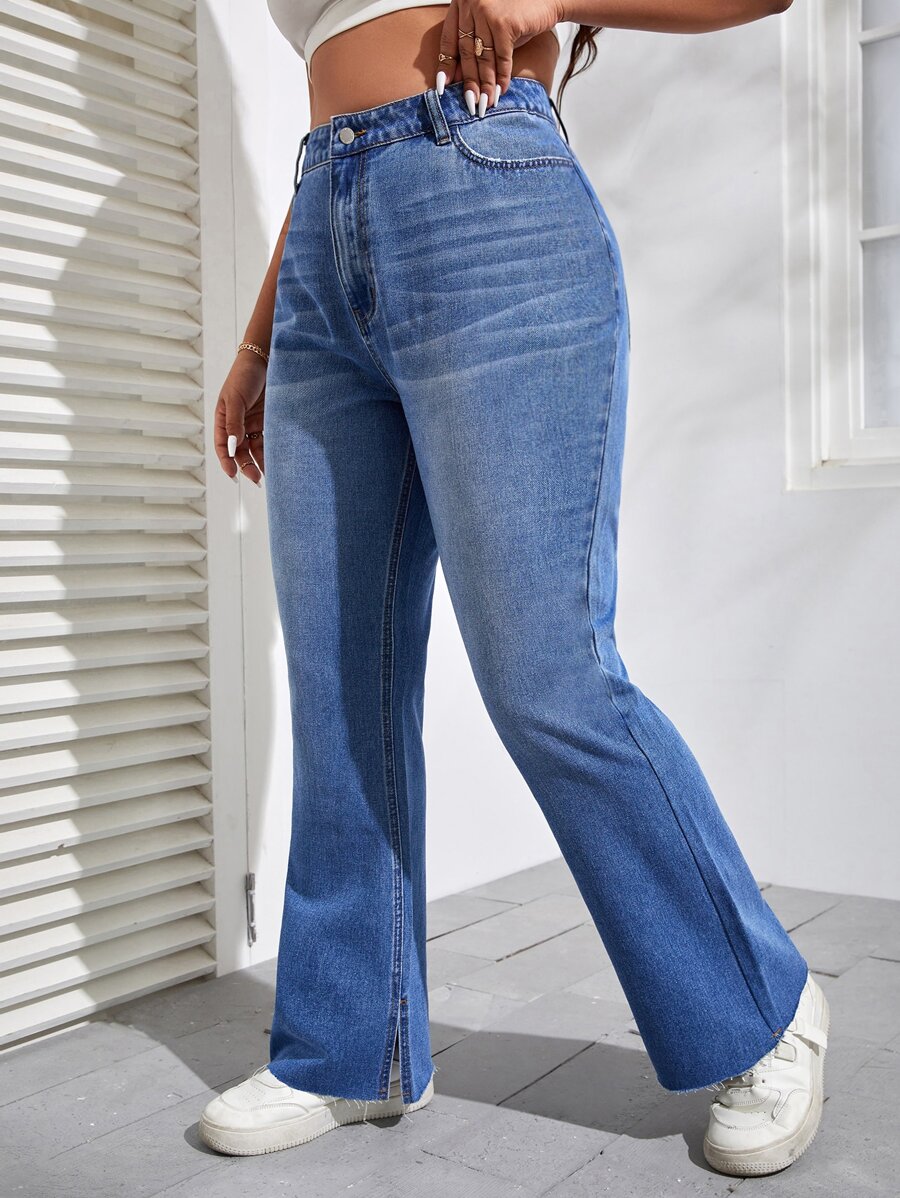 SHEIN EZwear Plus Cat Whisker Split Hem Flare Leg Jeans - Medium Wash - View 1
