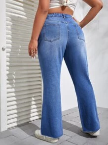 SHEIN EZwear Plus Cat Whisker Split Hem Flare Leg Jeans - Medium Wash - View 2