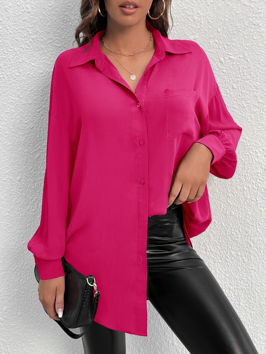 SHEIN Tall 口袋貼布落肩袖襯衫 - 玫紅色 - 查看 1