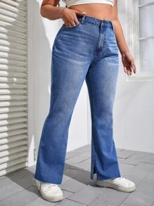 SHEIN EZwear Plus Cat Whisker Split Hem Flare Leg Jeans - Medium Wash - View 5