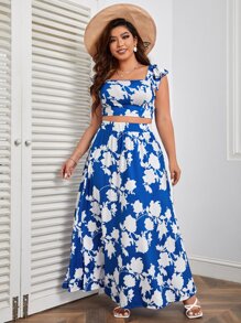 SHEIN VCAY 大碼印花荷葉邊短款上衣和半身裙 - 藍色 - 查看 1