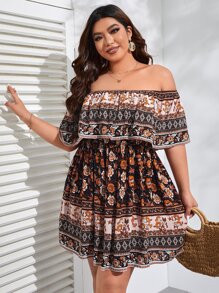 SHEIN VCAY 大碼印花一字肩荷葉邊連衣裙 - 彩色 - 查看 1