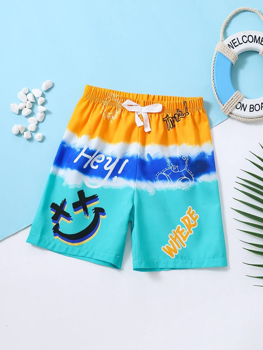 SHEIN 小男童卡通圖案腰部蝴蝶結短褲 - 彩色 - 查看 1