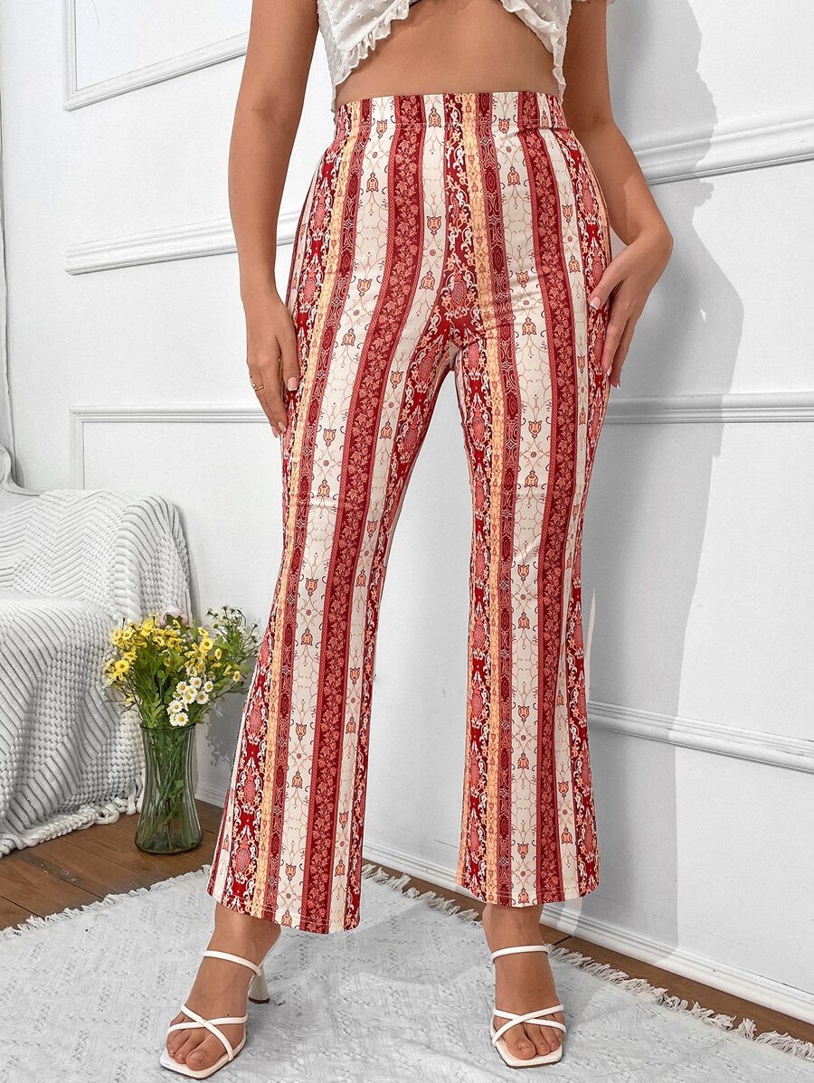 SHEIN VCAY Plus Striped & Geo Print Flare Leg Trousers - Multicolor - View 1