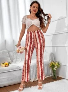 SHEIN VCAY Plus Striped & Geo Print Flare Leg Trousers - Multicolor - View 4