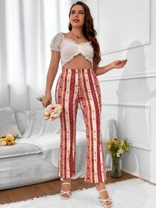 SHEIN VCAY Plus Striped & Geo Print Flare Leg Trousers - Multicolor - View 6