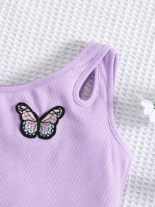 女小童紫色蝴蝶形狀運動和休閒簡約風連身褲帶一字肩翻領適合夏天 - 紫色 - 查看 3