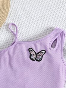 女小童紫色蝴蝶形狀運動和休閒簡約風連身褲帶一字肩翻領適合夏天 - 紫色 - 查看 5