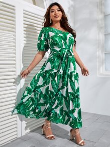 SHEIN VCAY Đầm Plus Size Thắt lưng Viên lá sen Nhiệt đới Boho - Nhiều màu - Xem 5