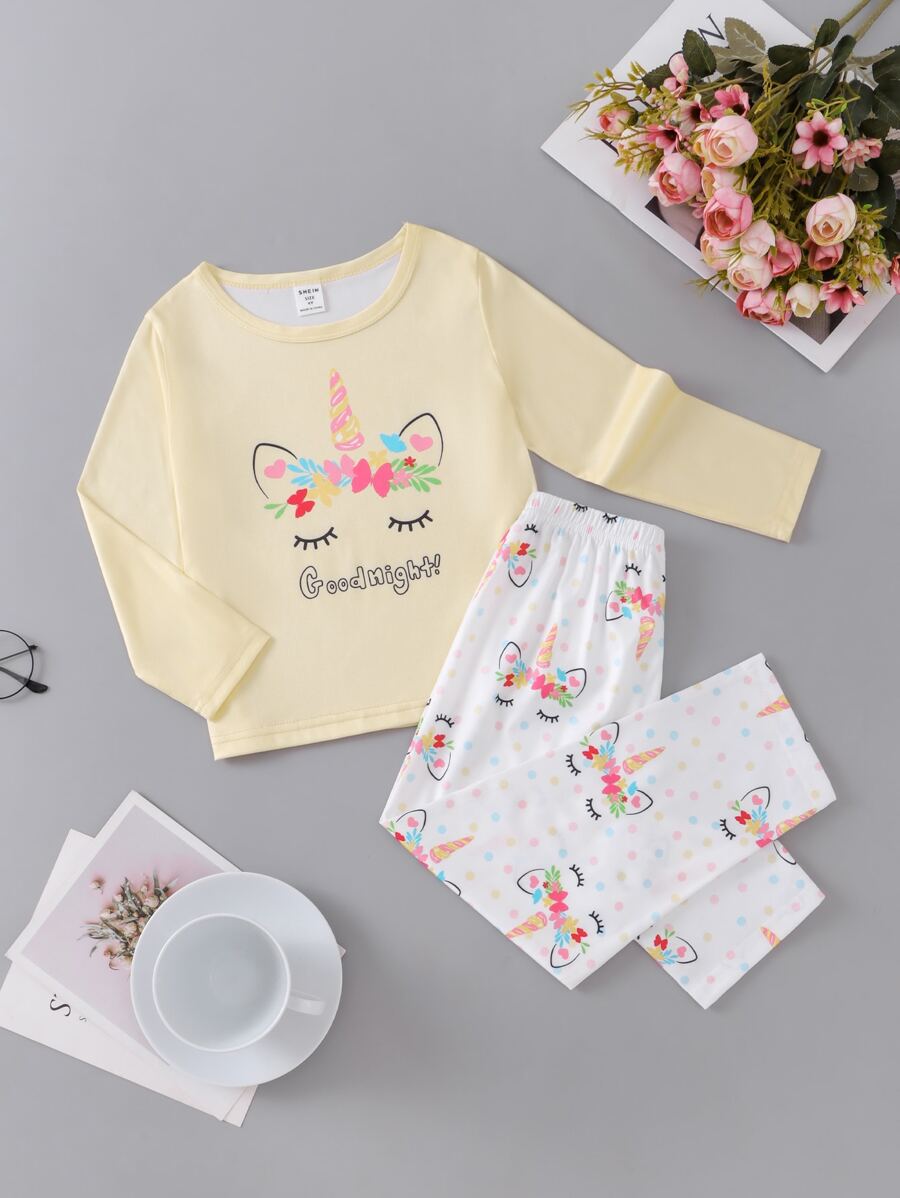 女孩獨角獸和標語圖案T恤和波點圖案緊身打底褲睡衣套裝 - 彩色 - 查看 1