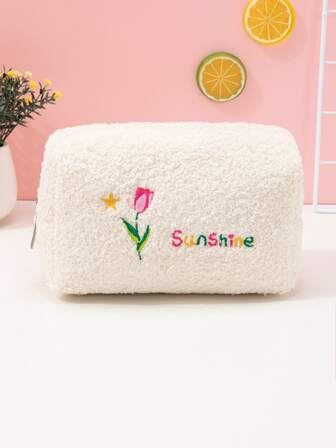 1个可爱郁金香图案白色毛绒大容量便携化妆包，适合女性和女孩，可作为圣诞礼物、收纳包、旅行包、女士礼物、女性必备品、旅行必备品、收纳包、手拿包/小手提包、必需品、化妆品收纳包、化妆品整理包、收纳包、化妆刷架、迷你收纳包、大容量收纳包、女士礼物、圣诞礼物、女士礼物创意