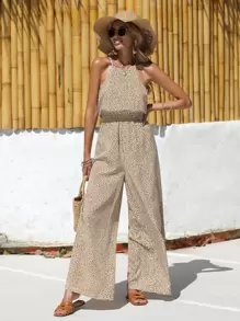 SHEIN Frenchy Allover Print Wide Leg Halter Jumpsuit - Apricot - View 1