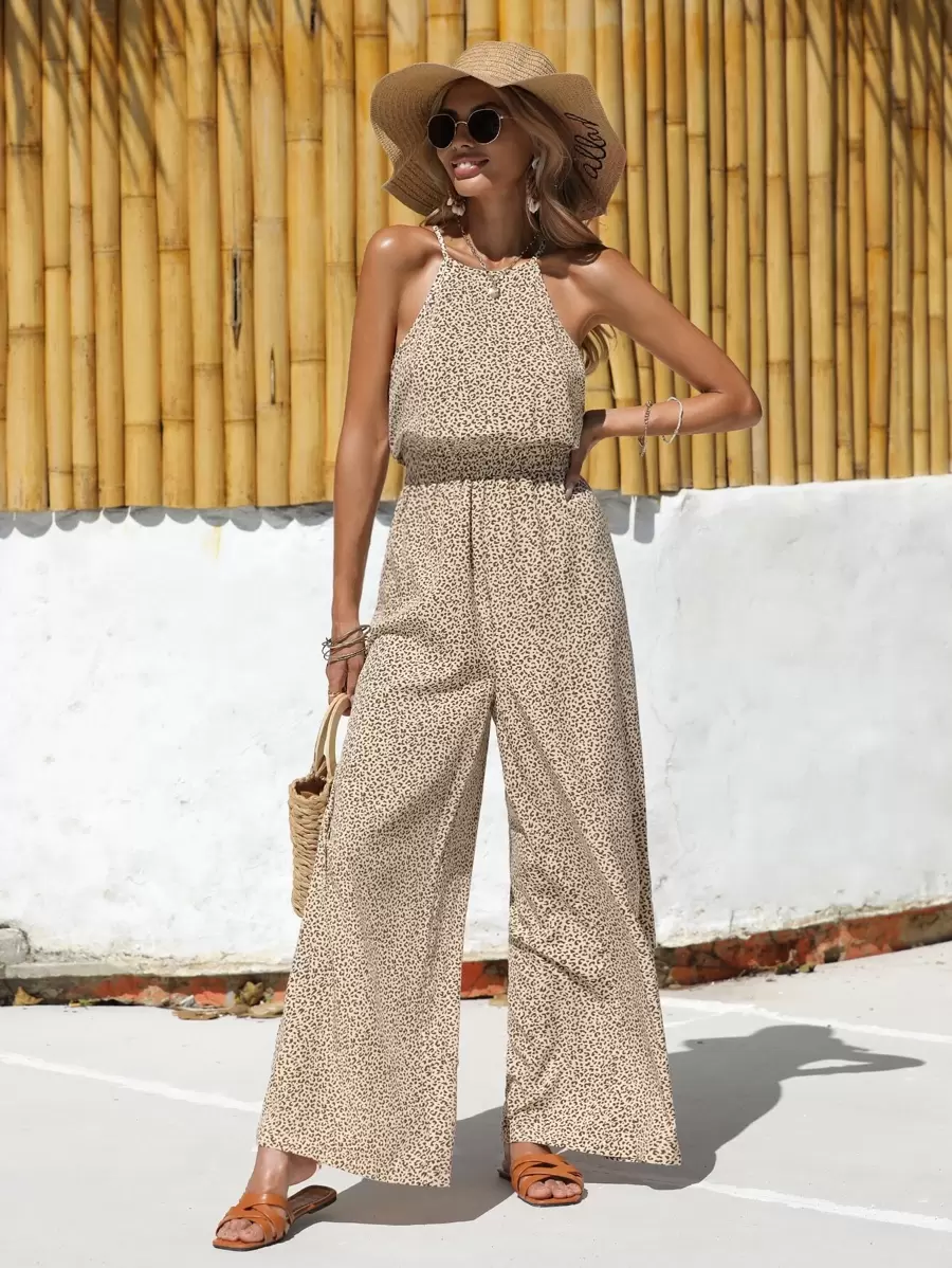 SHEIN Frenchy Allover Print Wide Leg Halter Jumpsuit - Apricot - View 1