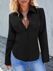 SHEIN Privé Solid Lace Up Back Shirt - Black - View 3