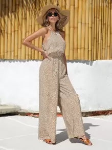 SHEIN Frenchy Allover Print Wide Leg Halter Jumpsuit - Apricot - View 3